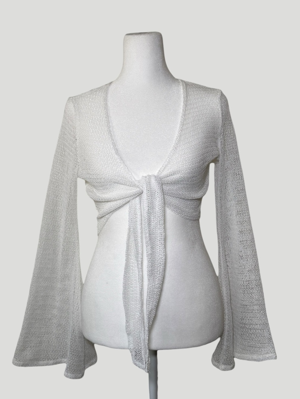 White Knit Tie Front Bell Sleeve Crop Top